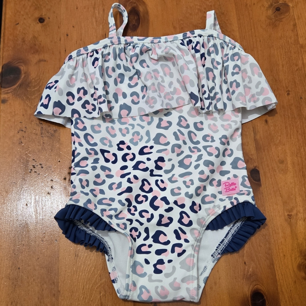 NWT RuffleButts One Piece swimsuit Cool Leopard Single Ruffle Size 12-18Months